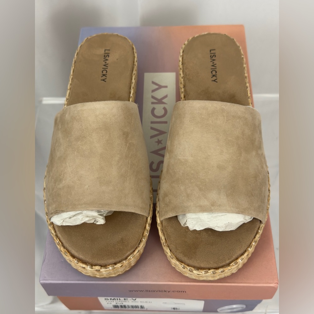 Lisa Vicky  Smile-V Tan Camel Kid Suede Platform   Espadrille Slides US 8M. NWT